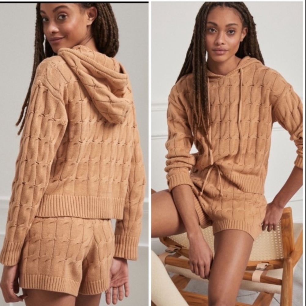 Anthropologie Camel Cable-Knit Hooded Sweater